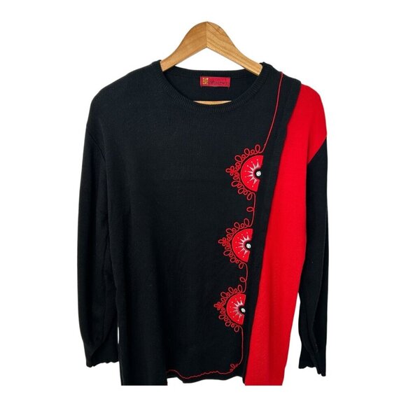 Sweaters - Vintage Red & Black Artsy Embrodiered Knit Sweater Women's Size M/L Boho Artsy